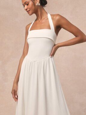 Lulus Telia White Halter Basque Waist Maxi Dress - Size M